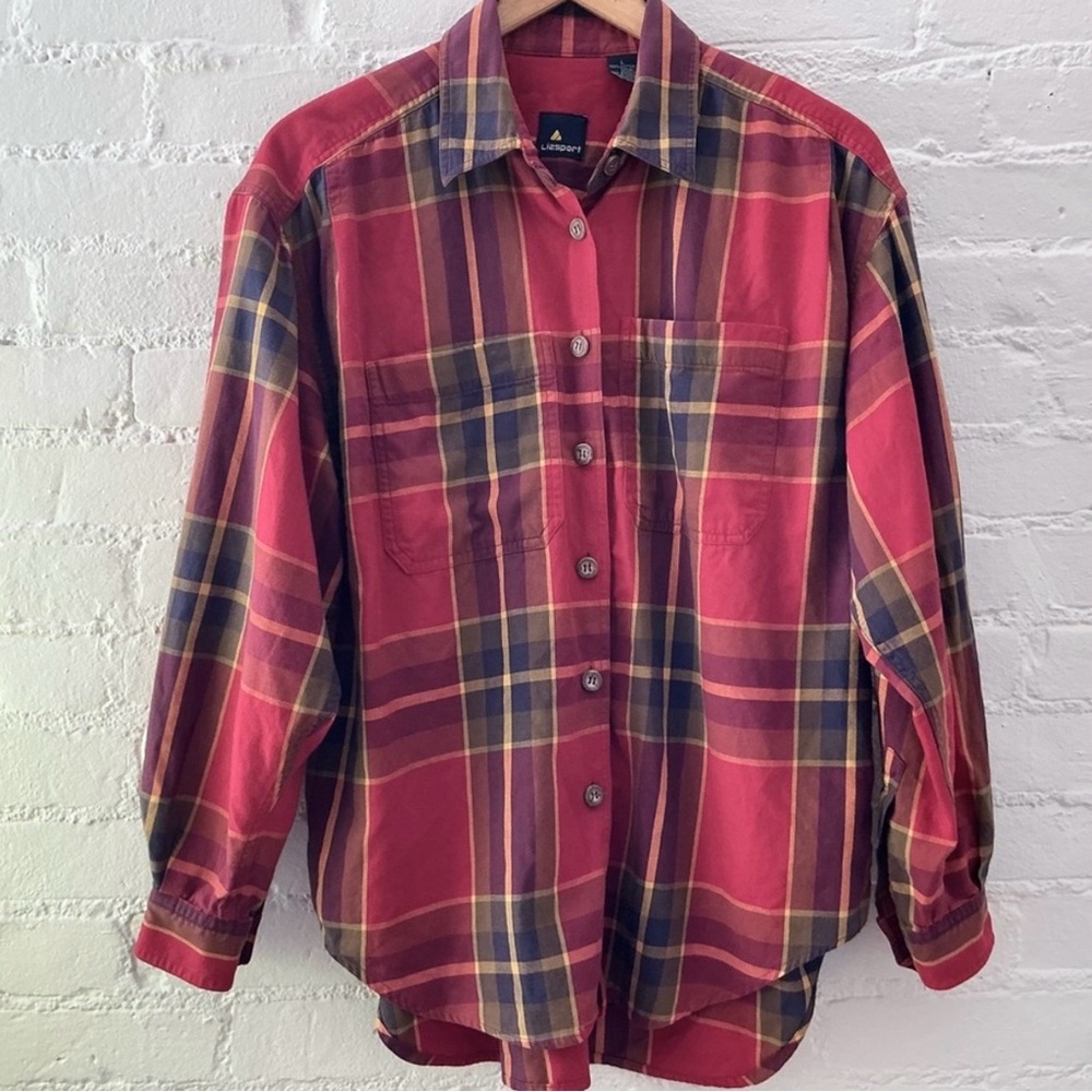 Vintage 90s Womens Red Plaid Long Sleeve Relaxed Fit Button Up Shirt Top Cotton
